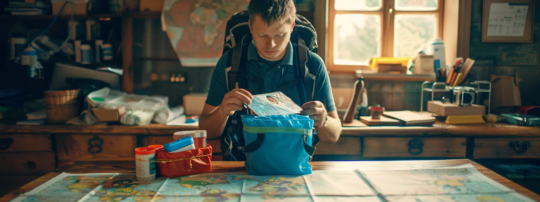 a traveler carefully packing a customized first aid kit, surrounded by maps and health advisories from the world health organization, ready to embark on an adventure.