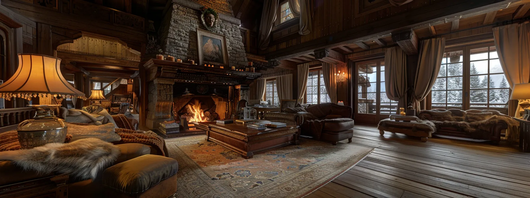 a lavish chalet interior adorned with elegant furnishings, plush décor, and a crackling fireplace in courchevel, france.