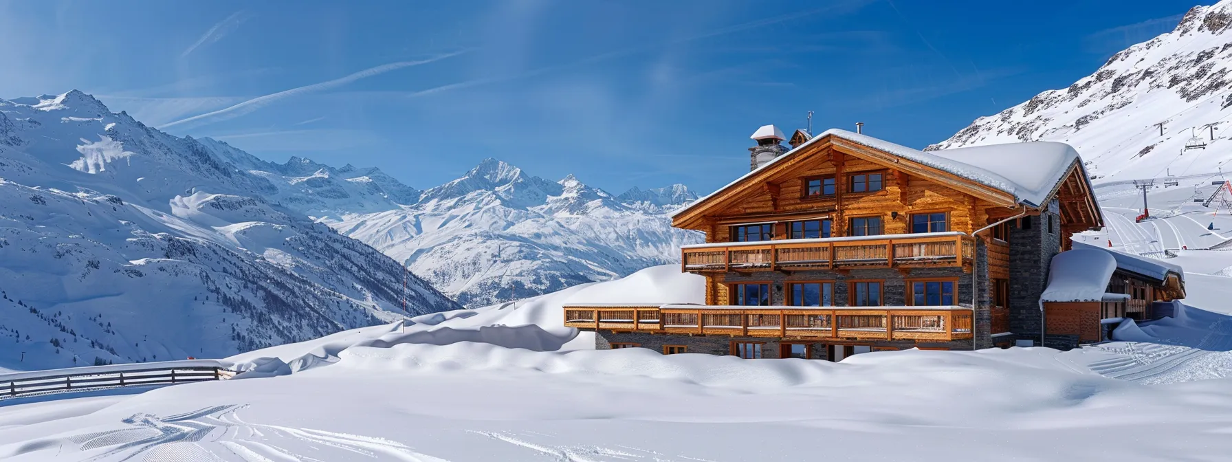 a luxurious chalet surrounded by snow-covered mountains at a high-end ski resort in the swiss alps.