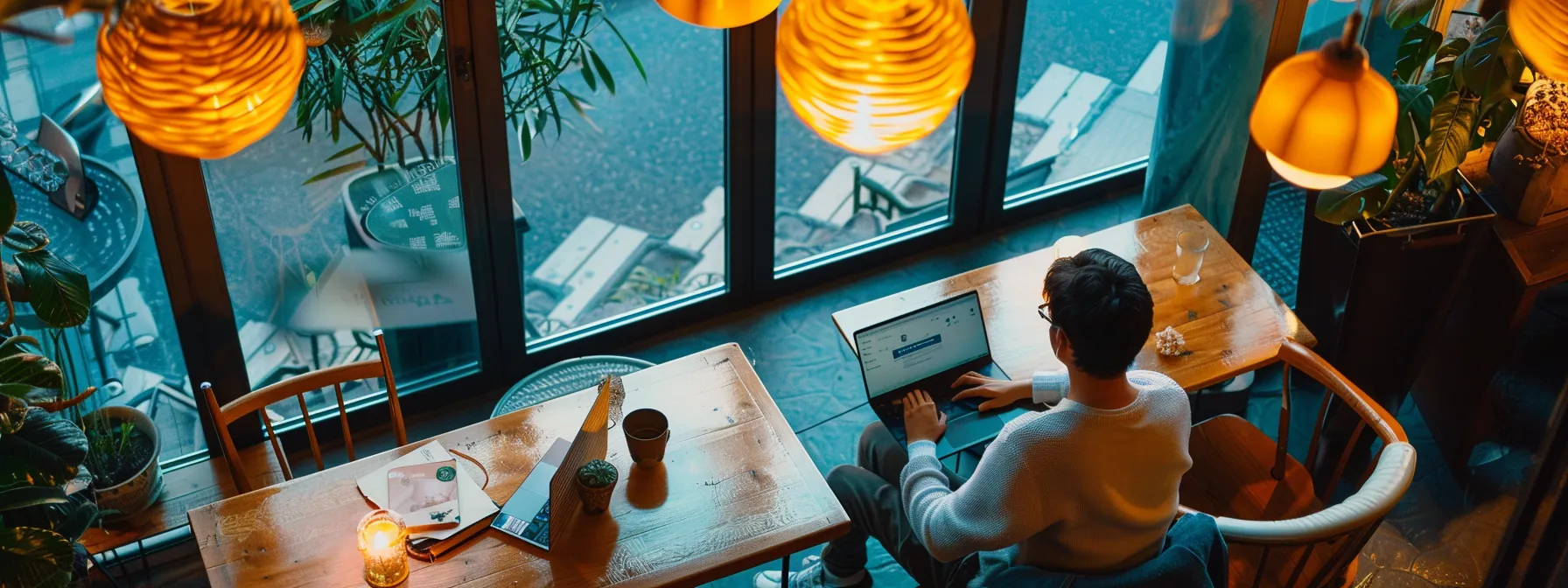 a person sitting at a cozy cafe table, surrounded by a laptop, smartphone, and tablet, with a strong, secure, password-protected internet connection.