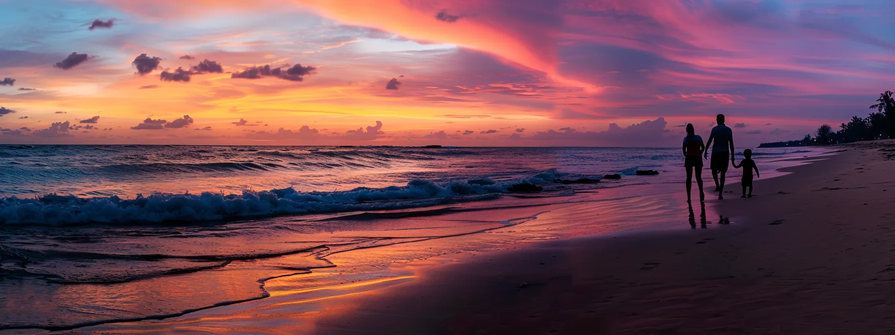 family walking along the beach at sunset, silhouetted against the colorful sky, connecting and appreciating nature together.