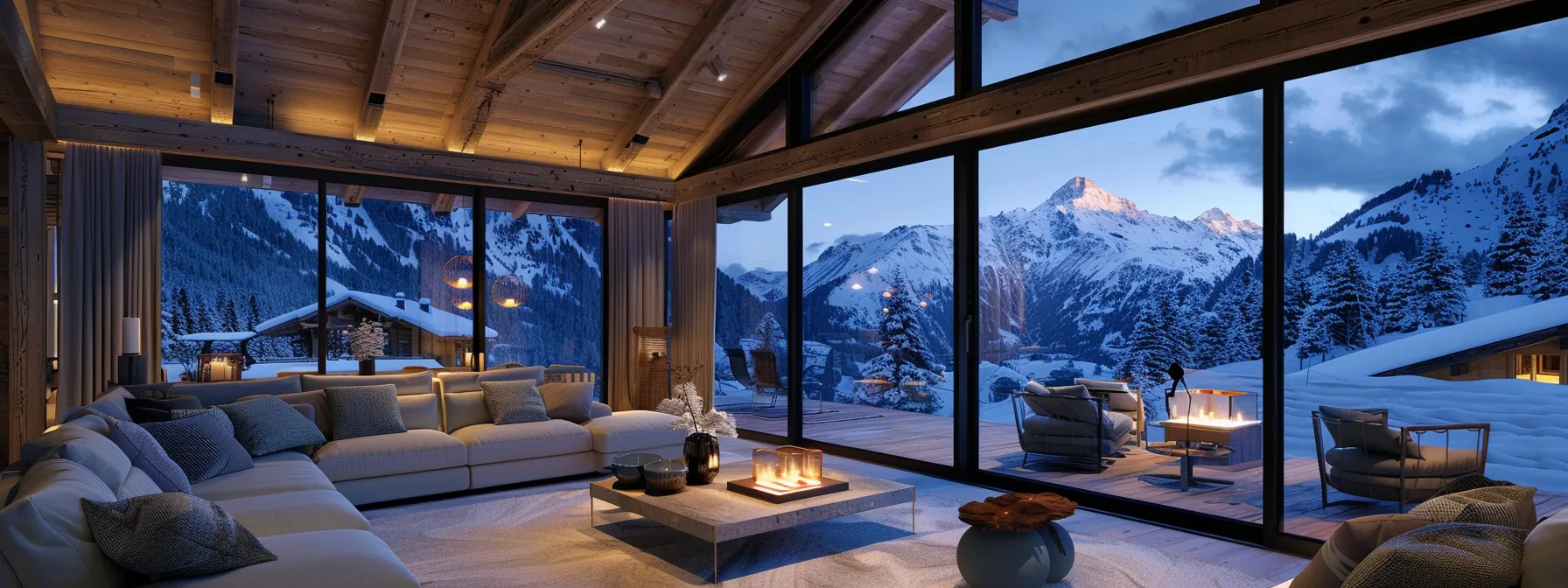 a luxurious chalet nestled amidst snow-capped mountains, with elegant interiors and panoramic views of the pristine slopes in lech zürs, austria.