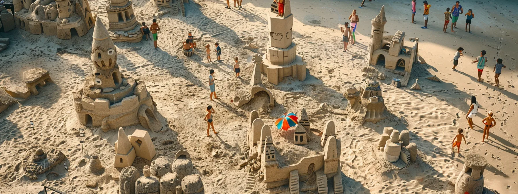 vibrant sandcastles lining the shore as families compete in a friendly diy competition under the bright sun.