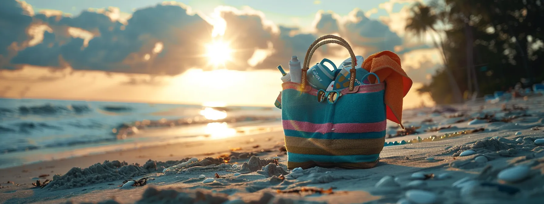 a colorful beach tote overflowing with beach essentials like sunscreen, towels, and sunglasses on a sandy shore at sunset, ready for a low-cost family vacation.