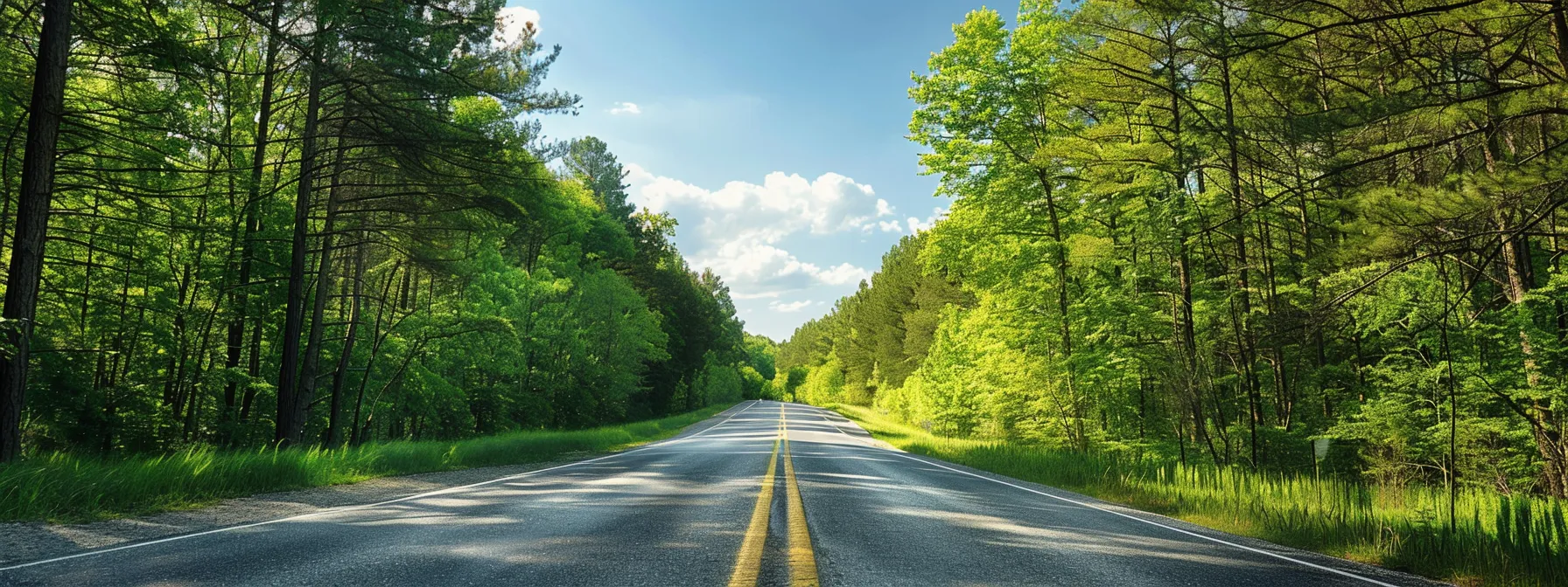 a winding road flanked by lush green forests under a peaceful blue sky, symbolizing a safe journey ahead.