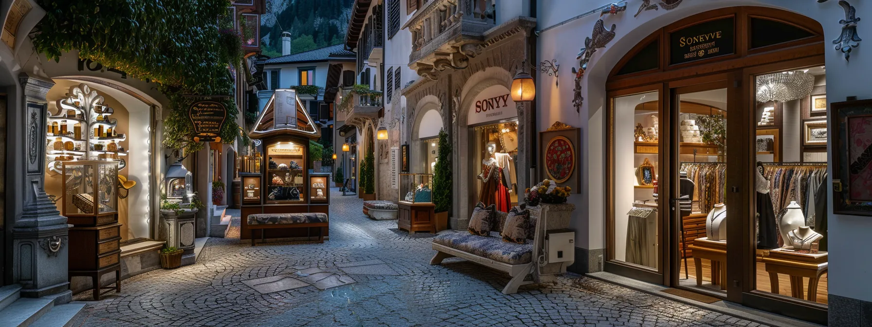 a glamorous scene in cortina d'ampezzo, italy, showcasing high-end designer shops and artisan crafts against the picturesque backdrop of the dolomites.