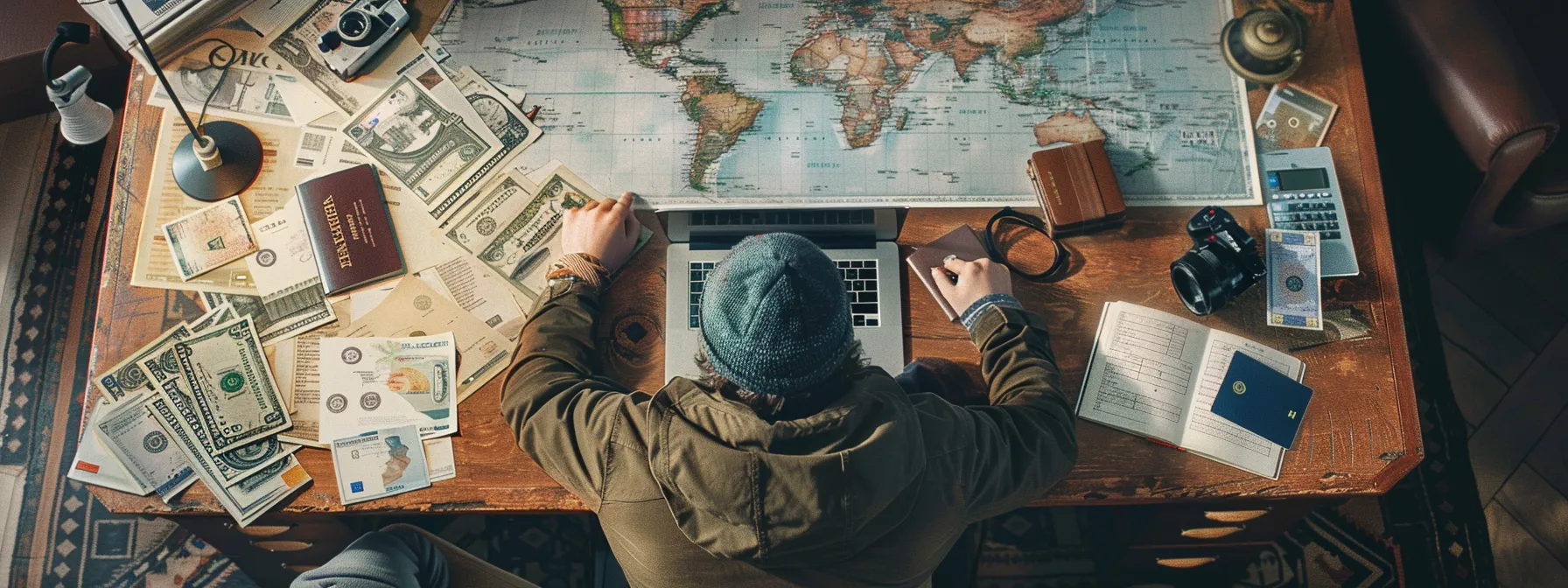 a serene traveler sits at a tidy desk, surrounded by passports, foreign currency, and a laptop displaying financial statements, showcasing secure and judicious financial management for a worry-free journey.