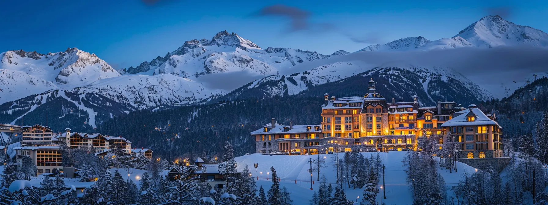 a glitzy, upscale ski lodge surrounded by snow-capped mountains in st. moritz, switzerland.