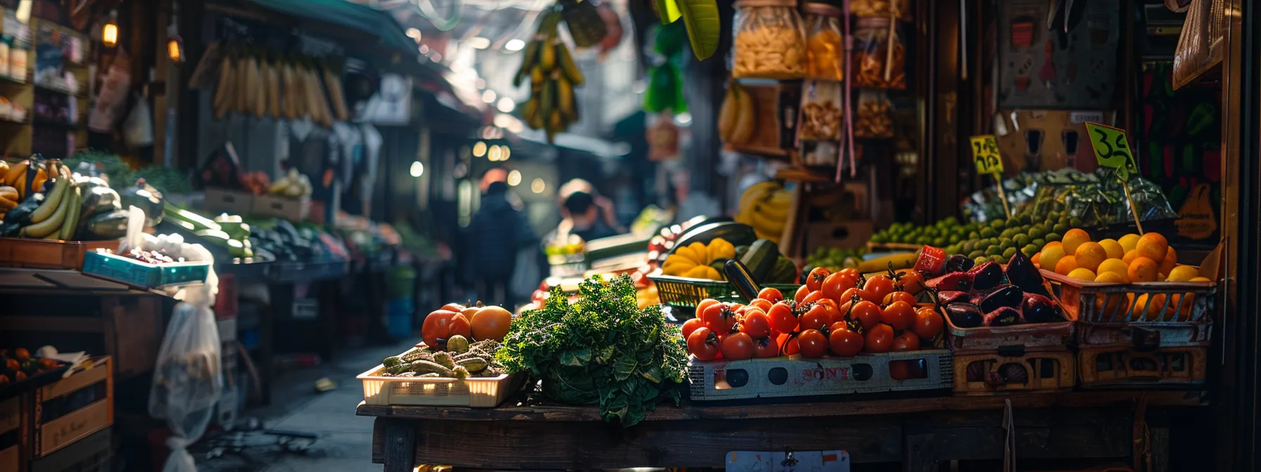 savoring a colorful spread of fresh produce and artisanal goods at a bustling local food market.