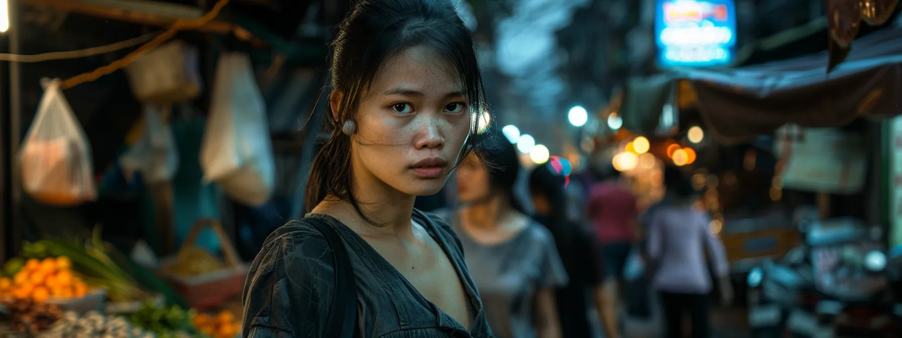 a traveler walking through a crowded market in vietnam, eyes alert and possessions secured tight, embodying the vigilance necessary for a safe journey.