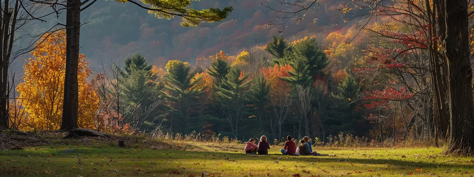 a family enjoying a peaceful picnic in the serene catskill mountains during the off-peak season, surrounded by vibrant autumn foliage, capturing the essence of budget-friendly travel.