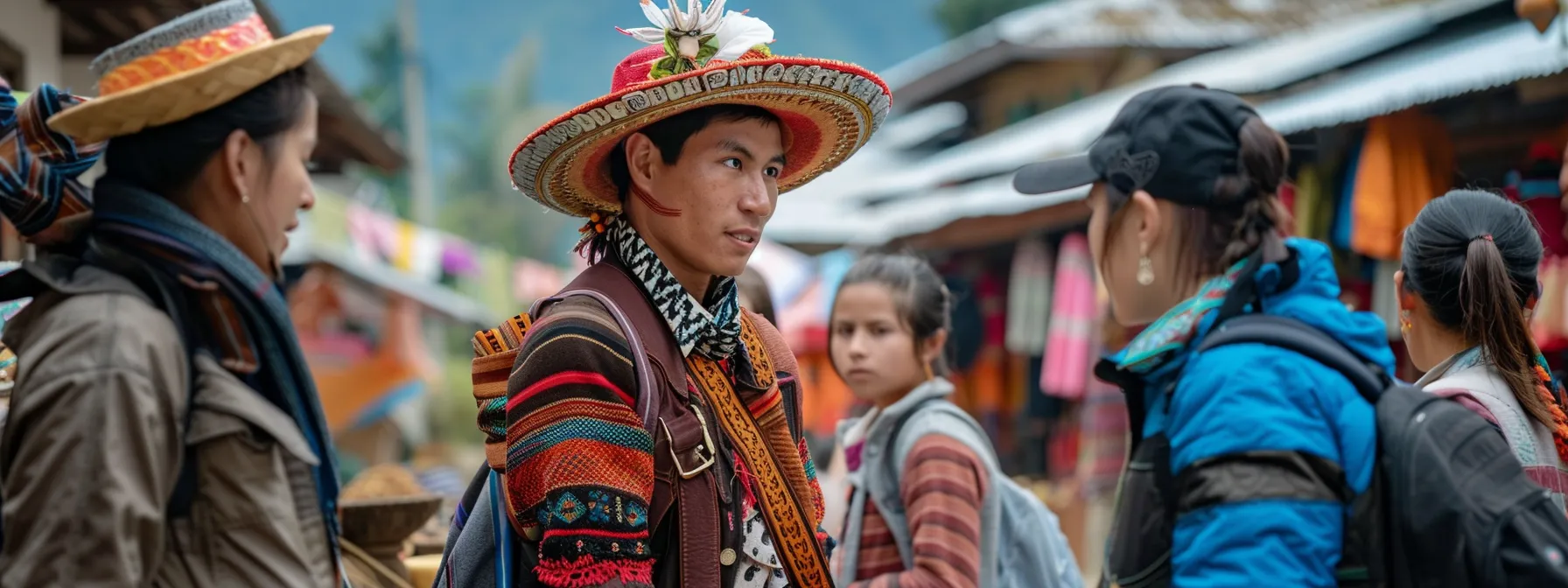 a traveler respectfully dressed in traditional attire, learning local customs and regulations from a welcoming group of locals.