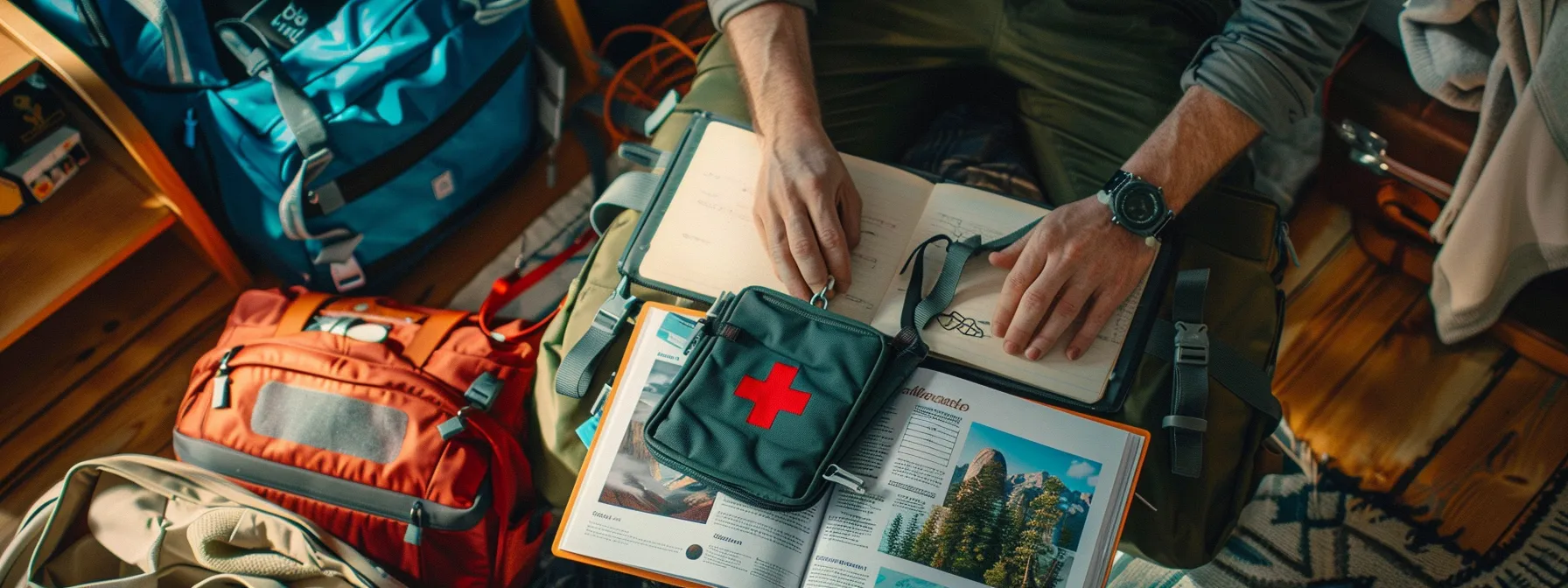 a traveler carefully packing a well-stocked first aid kit and travel insurance documents while researching safety specifics for their upcoming trip to india.