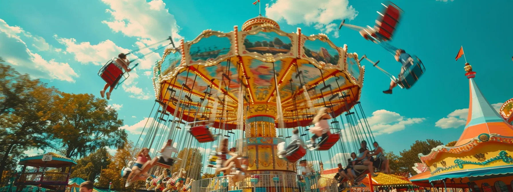 a colorful carousel spinning in an amusement park, surrounded by joyful families enjoying a day of fun and adventure.